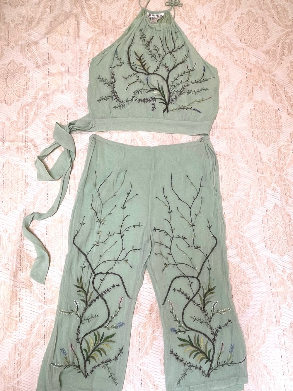 Embroidered, Beaded two piece halter pant set. Papillon